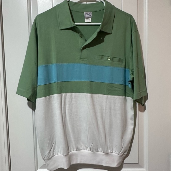 Haband Green and Blue Polo Shirt with Color-Block Design - Picture 1 of 3
